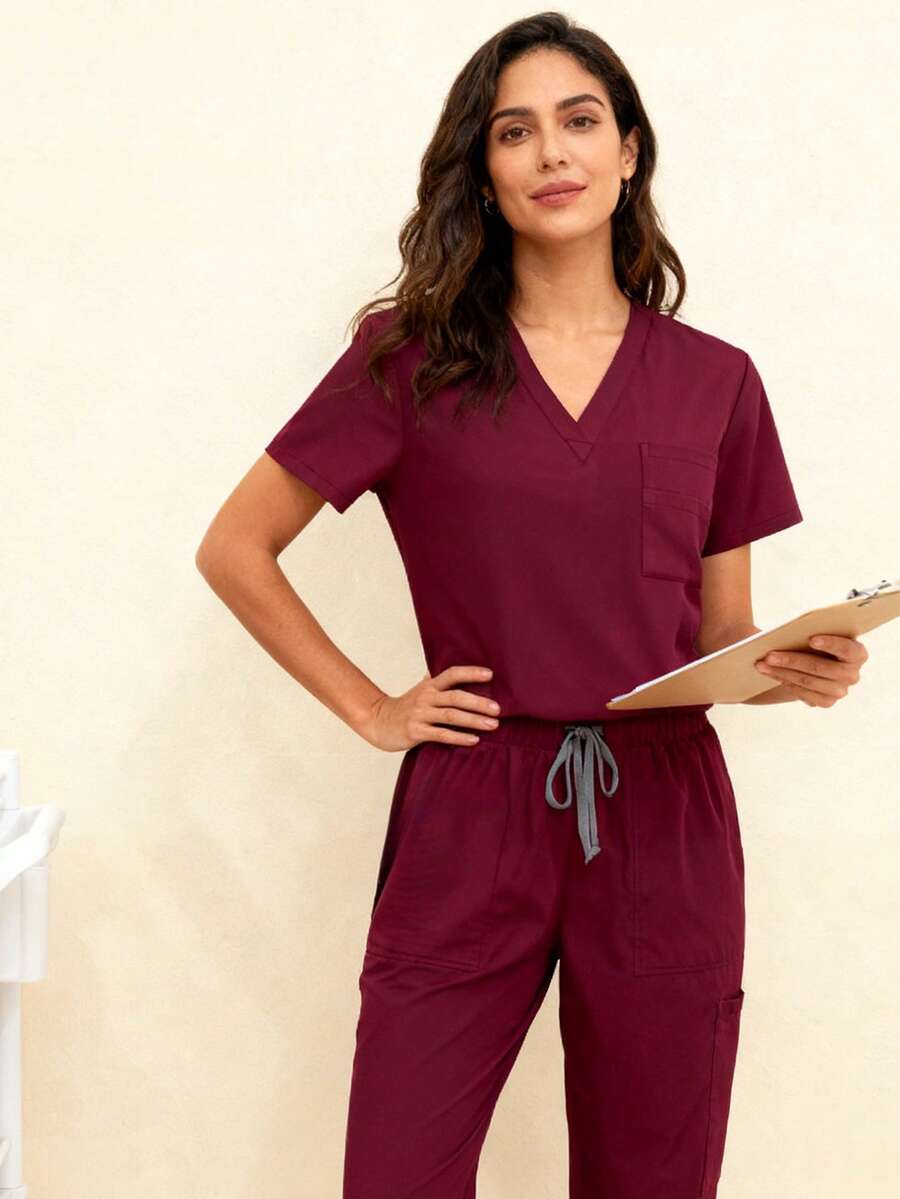 V-Neck Quick-Dry Scrubs Set, New Design | Stretchy & Lightweight | Suitable For Hospital, Clinic & Casual Wear | Multiple Pockets Spring - Burgundy - View 1