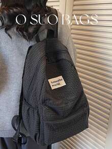 Large Capacity Fashionable Plaid Multi-Pocket Nylon Casual Backpack, Waterproof Lightweight Foldable Patch Letter Travel Bag, Summer - Black - View 3
