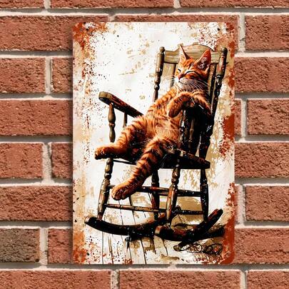 1 قطعة من فن الحائط المعدني بتصميم كرسي هزاز على شكل قطة برتقالية بطراز عتيق، ديكور منزلي أمريكي ريفي، للتعليق على جدران غرفة المعيشة/النوم/البار، لوحة معدنية رجعية مميزة، ديكور منزلي إبداعي