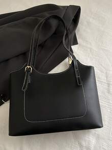 新款时尚高端图案多功能女士单肩包，便携大容量手提包，纯色单肩手提包，适合约会、购物、工作、通勤等场合。 - 黑色 - 查看 5