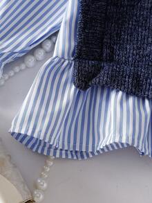 2pcs Baby Girls Striped Patchwork Crew Neck Long Sleeve Top And Denim Long Pants Outfit, Fashionable And Versatile For Outings - Royal Blue - View 4