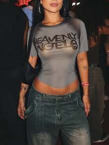 性感夏季女式上衣，印花网纱短袖T恤，适合情人节、夜店装扮、性感派对穿着，透视衬衫 - 淺灰色 - 查看 1