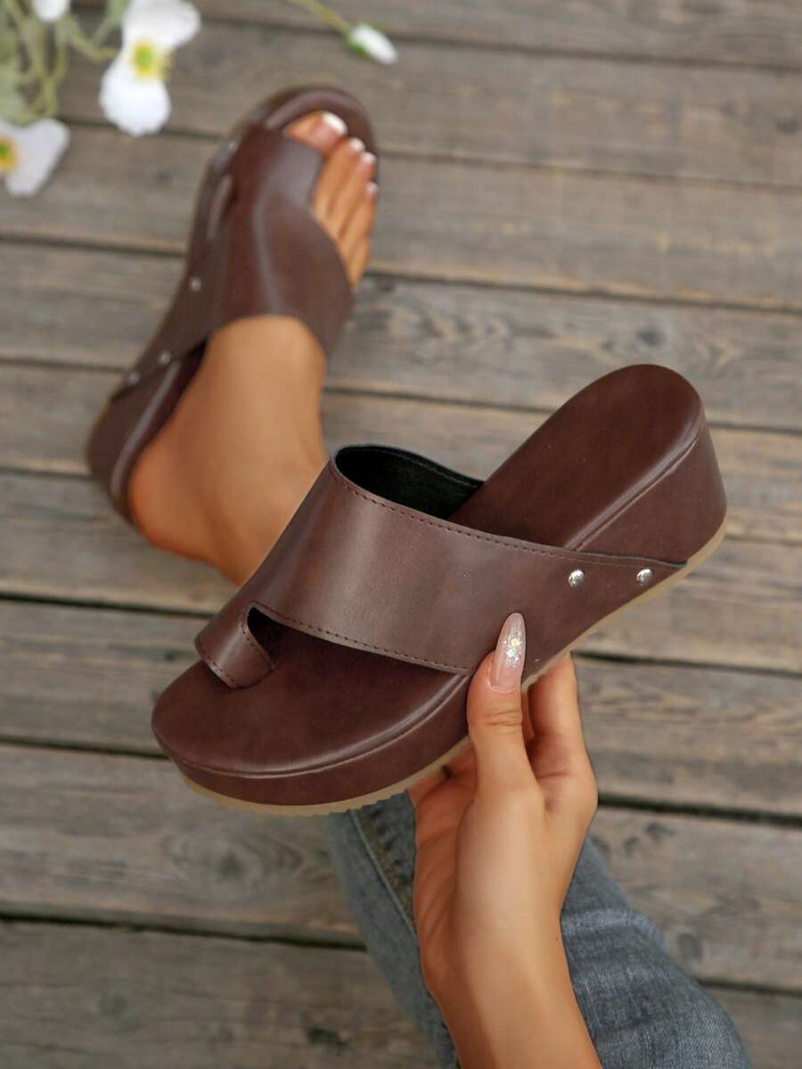 2025新款夏季厚底坡跟拖鞋女鞋，厚底凉鞋 - 棕色 - 查看 1