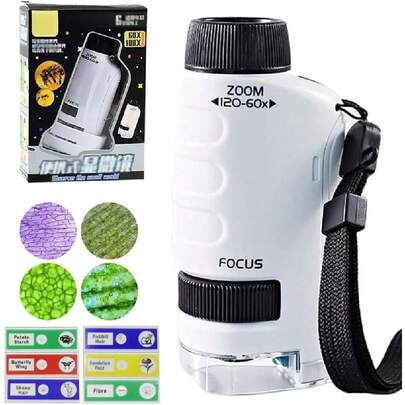Microscopio Portátil 3 en 1para Niños,Microscopio de bolsillo niños,(con12 Diapositivas Preparadas)con Aumento 60X180X,iluminación LED,Juguetes Educativos para Niños de 6 a 12 Años (Estilo Ⅲ/Blanco),36981603