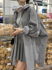 女士撞色格纹翻领长袖宽松单排扣休闲衬衫，春夏款 - 藍白色 - 查看 5