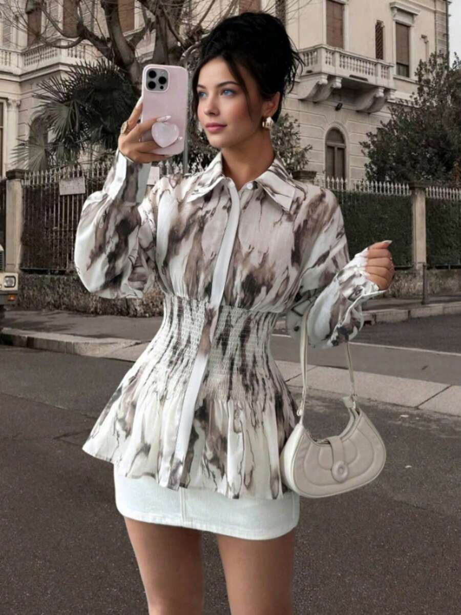 Women's Printed Long Sleeve Elegant Blouse, Suitable For Commuting, Casual Business, Christmas Party, Vacation, Dating And New Year Occasions, Spring Apparel - Apricot - View 1