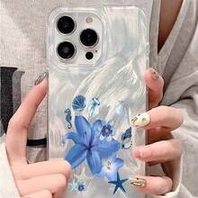 Un patrón de flor de lirio azul, estrella de mar y concha adecuado para fundas de TPU para iPhone 16 Pro Max, compatible con iPhone 15 Pro Max/14/16 Plus/15/13 Pro/12/11/X/Xr/Xs Max, con una funda protectora elegante y transparente que es amigable para negocios y resistente a caídas. - Plateado - Ver 5