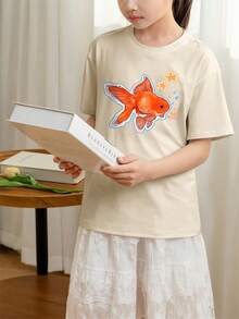 Tween Girls' Casual Apricot Printed Round Neck Short Sleeve T-Shirt, Summer Top - Apricot - View 2