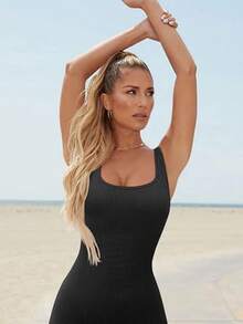 Womens Workout Winter Vest Long Jumpsuits Seamless Yoga Gym Bodycon Rompers Sexy Unitard Tummy Control - Black Vest - View 5