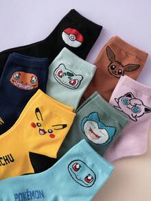 pokemon 8双装宝可梦皮卡丘卡通图案彩色提花船袜，男女通用，运动风，四季皆宜，欧美尺码，舒适透气耐穿，色彩鲜艳，适合日常穿着，优质面料，吸汗透气