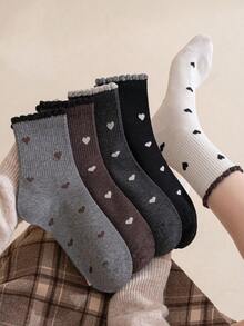 1/5 Pairs Women Ruffle Heart Pattern Mid-Calf Socks, Comfortable Breathable Casual Street Style Design, Suitable For All Seasons, Great Gift For Holidays - Multicolor - View 4