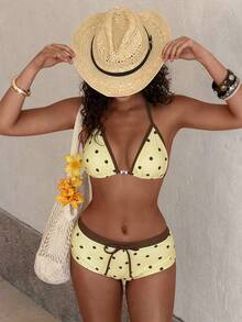 Women's Retro Yellow Polka Dot Print Contrast Color Bikini Swimsuit Set, Suitable For Outing/Birthday/Casual/Y2K/2000s/Millennium/Elegant/Vintage/Streetwear/Vacation/Beach Outfit - Light Yellow - View 6