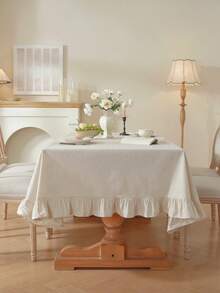 1pc Plain Ruffle Trim Tablecloth - Beige - View 4