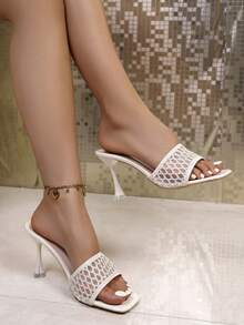 Sandalias de tacón de aguja de punta cuadrada para mujer, nuevo estilo de primavera/verano - Beis - Ver 5