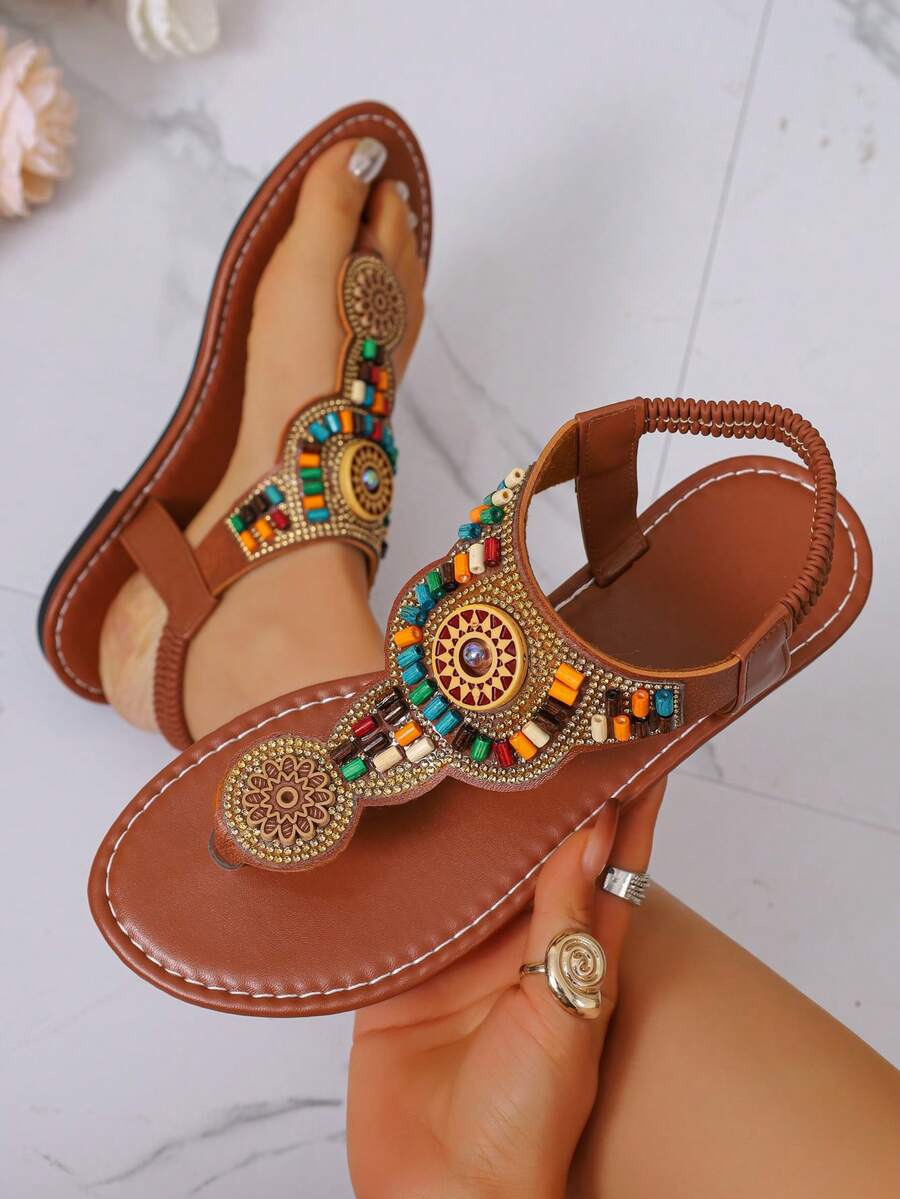 Women's Flat Sandals, Retro French Style Thick Bottom Sandals For Summer, Thong Sandals For Beach, Comfortable Soft Bottom Casual Sandals, High-End Strap Buckle Sandals, Fashionable Versatile Bohemian Flat Sandals, Brown Thong Sandals - Brown - View 1