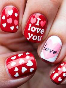 24 szt./zestaw europejskich i amerykańskich naklejek na paznokcie z motywem serca i miłości na Walentynki, słodkie, romantyczne naklejki na paznokcie, czerwone sztuczne paznokcie - Czerwony - Zobacz 8