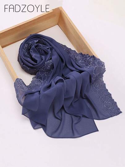 FADZOYLE 1pc Solid Color Floral Embroidered Scarf/Shawl, Suitable For Women All Seasons, Warm In Winter, Beach Cover-Up In Summer, Exclusive Extra Long Design, Versatile For Daily Wear, Party Dresses, Weddings, Abayas, Hijabs, Muslim Prayer & Pilgrimage, Silky Soft Texture, Plus Size, Evening Gowns, Party & Travel Gift Accessory