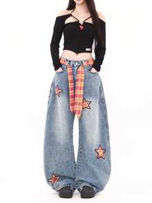 Quần jeans ống rộng rách họa tiết ngôi sao dành cho nữ (kèm thắt lưng) - Màu xanh lam - Xem 7