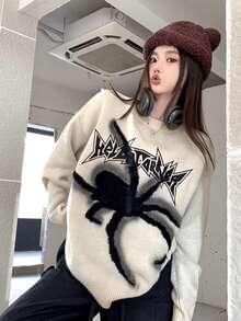 Spider Letter Pattern Loose Fit Crew Neck Long Sleeve Sweater, Autumn/Winter