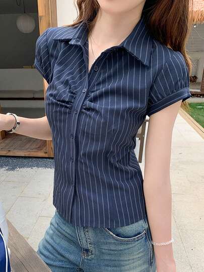 女士条纹露肩短袖衬衫，夏季设计，褶裥收腰，修身春季款