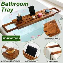1pc Expandable Bamboo Bathtub Tray | Wine Holder, Phone Slot & Bookrest, Anti-Slip Design, Foldable For Easy Storage