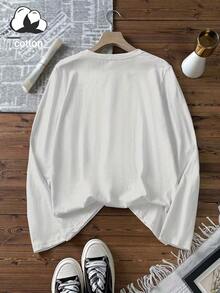 女士白色纯棉长袖圆领常规下摆T恤，适合春夏度假穿着，可机洗，常规版型