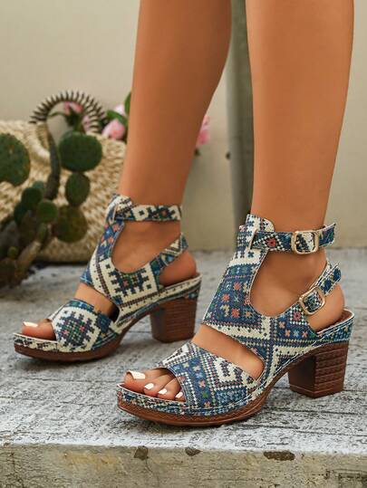 Floral Retro Pattern Chunky Heel Sandals For Teenage Girls, Adjustable Buckle Closure, Retro Printed Soft Bottom Open Toe High Heel Sandals
