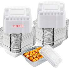 Paquete de 110 Charolas de Aluminio, Charolas para Hornear con Tapas Transparentes, Recipientes de Aluminio de 15 x 12 cm Adecuado para Catering Barbacoas - 110 piezas - Ver 1