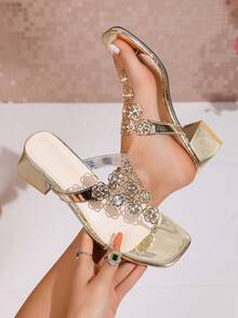 优雅花卉水晶高跟鞋，金属质感仿漆皮粗跟凉鞋。奢华浪漫风格，适合派对、正式场合、都市职业女性/约会，舒适显腿长。 - 金色 - 查看 1