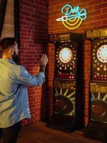 Colorful Glowing LED Flexible Silicone Neon Light (Data Cable Included): Ins-Style Blue & Yellow Contrast Dart Shape, Smooth Curves + Artistic Font Details, Ambience Lighting / Decoration 2-In-1 Dart Themed Neon Light, Suitable For Party, Bar, Game Room And Other Leisure Scenes, Night Scene Decoration / Full Of Festive Celebration Atmosphere, Soft Lighting Effect Non-Dazzling, Lightweight And Easy To Install, Create A Highlight Space. - White + Ice Blue + Lemon Yellow - View 2