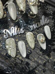 10pcs Handmade Almond-Shaped Acrylic Nail Stickers, Champagne Color Nails With 3D Beads, Chains And Nail Gems, Hand-Painted Butterfly Wing Pattern, Y2K Style Nail Art Set, Suitable For Women And Girls For Holidays, Daily, Gatherings, Parties (Includes: 1 Piece Of Jelly Gel And 1 Piece Of Buffing File), Nail Art Supplies - Champagne - View 6