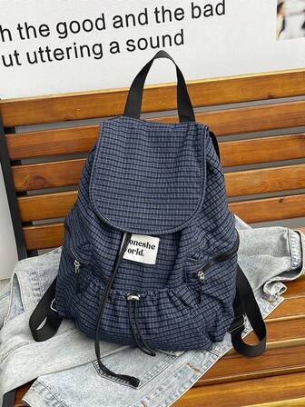 Large Capacity Fashionable Plaid Multi-Pocket Nylon Casual Backpack, Waterproof Lightweight Foldable Drawstring Patch Letter Travel Bag, Summer