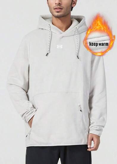 Under Armour UA 男士 Journey 抓绒连帽衫，户外抓绒卫衣，黑色，宽松版型，长袖，休闲户外套头衫，天鹅绒面料