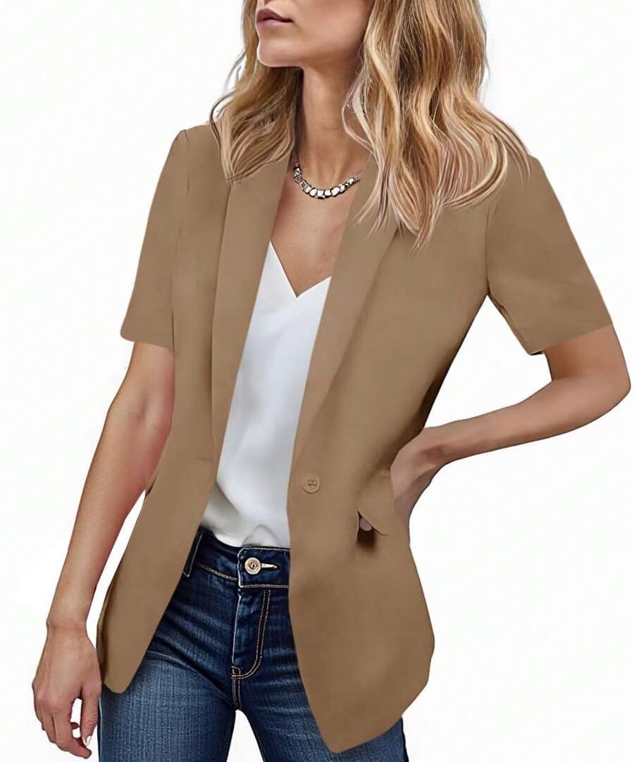 Womens Casual Short Sleeve Blazer Lapel Open Front Work Office Jacket - Màu Khaki - Xem 1