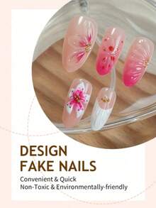 10片法式杏仁形美甲贴纸，粉色渐变，3D立体花卉装饰，水波纹设计，波点珍珠和水钻点缀，甜美风格，光滑表面，全覆盖假指甲，适合女性和女孩日常佩戴