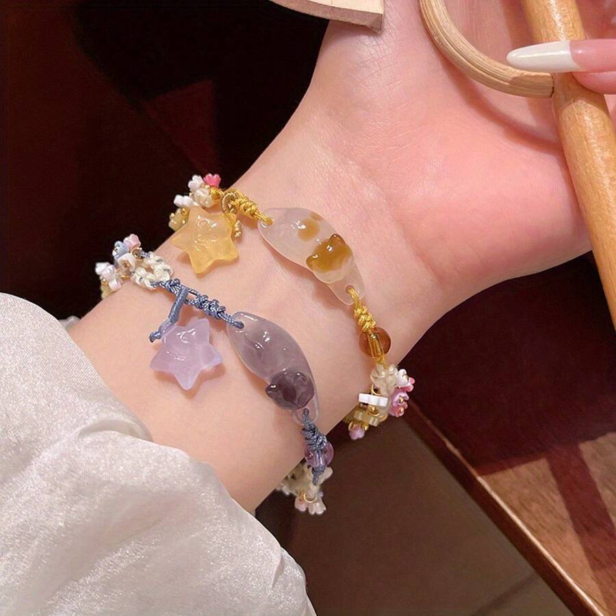 2 Pieces Cute Kitten Pendant Handwoven Bracelet Set - Unique Best Friends,, And Wives - Random Color Blue/Yellow Animal Charm Bracelet - Daily Accessory JGZH - 2 chiếc vòng tay - Xem 1