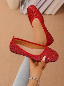 New Women Flat Sequin Square Toe Fashion Casual Breathable Non-Slip Practical Minimalist Beach Outdoor Daily Wear Shoes - Red - View 8