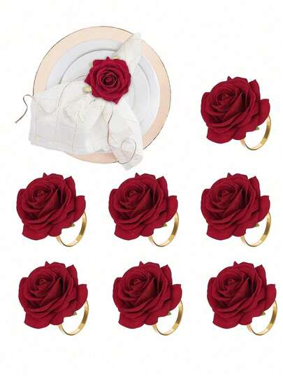 1/6 piezas Anillos para servilletas, anillo para servilleta de rosa artificial diseñado con soporte de metal dorado, adecuado para bodas, banquetes, cumpleaños, Día de San Valentín