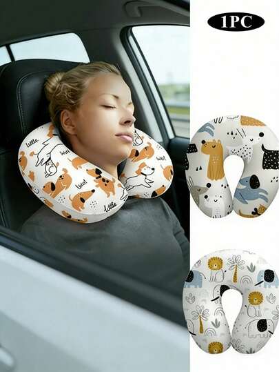 一款可爱的印花汽车配件 U 型颈枕，带有充气芯，可保护颈部并作为旅行颈枕使用。
