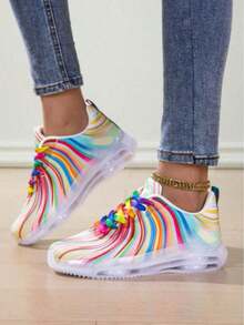 Women's Premium Colorful Rainbow Low-Top Lace-Up Sneakers, Classic, Comfortable, Breathable, Soft-Soled Running Shoes, Suitable For Casual Tennis, Walking, And Various Other Occasions, All Year Round. Stylish Air-Cushioned Shock-Absorbing Sneakers. - 白色 - 查看 1