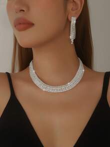 1 套闪亮金色水钻项链和耳环首饰套装，适合赠送女性朋友，时尚派对礼服配饰