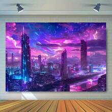 1pc 2D Flat Neon City Skyline Tapestry - Versatile Polyester Fiber Wall Decor For Bedroom, Living Room, Office & Party - Skyline Decoration - Multicolor - View 4