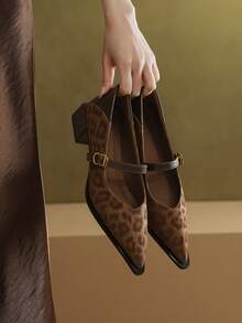 Women's Retro Mary Jane Single Strap Leather Shoes New Autumn Fashion Pointed Toe Chunky Heel Low-Top Women Shoes - Brown - View 3