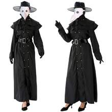 Women's/Men's Plague Doctor Outfit Complete Set: Robe Dress, Bird Mask,Hat, Leather Gloves, Belt, Hooded Shawl, Cross Charm - Black - View 1