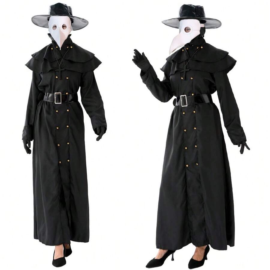 Women's/Men's Plague Doctor Outfit Complete Set: Robe Dress, Bird Mask,Hat, Leather Gloves, Belt, Hooded Shawl, Cross Charm - Black - View 1