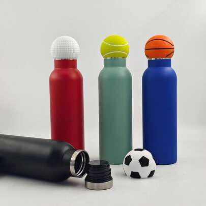 1 Piece, Sports-Themed Vacuum-Insulated Flask, Complete With Golf, Tennis, Basketball And Football-Themed Lids. Suitable For Study, Office, Sporting Occasions And Year-Round Use.