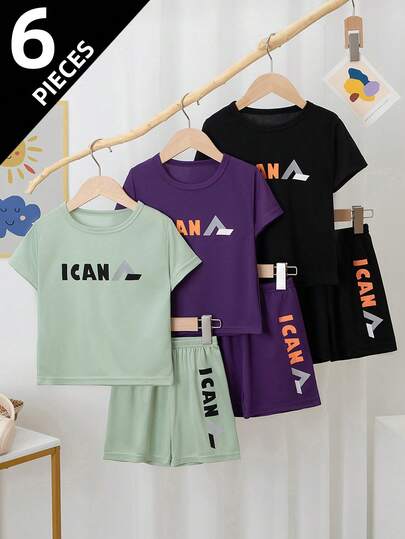 6pcs/Set Boys/Girls Short Sleeve T-Shirt Top And Shorts Bottom, Lightweight Casual Daily Outfit, Suitable For Outdoor, Running, Sports, Ages 4-12