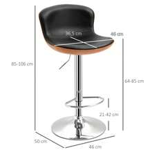 HOMCOM Kitchen Bar Stools, Set Of 2, Height-Adjustable, Swivel, With Footrest And Backrest, Faux Leather, Up To 120 Kg, 46 X 53.5 X 85-106 Cm, Black - Black - View 3