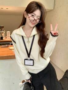 Korean Style Contrast Color Design Half Zip Casual Versatile Knit Sweater - Apricot - View 1