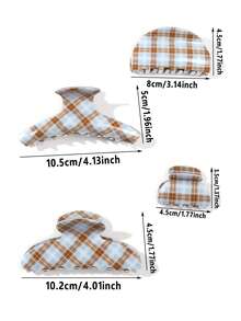 1个优雅半圆形椭圆形一体式拱形浅蓝色和棕色条纹格子发爪，时尚个性化发夹，适合日常外出和休闲聚会 - 彩色 - 查看 3